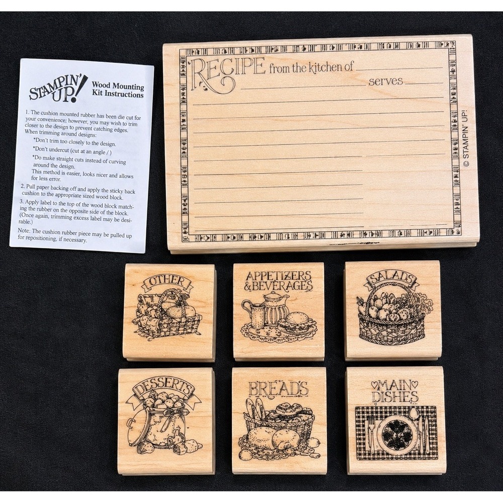 Stampin' Up! Vintage Recipe Card Rubber Stamp Set Wood Mount Kitchen Food 7pc